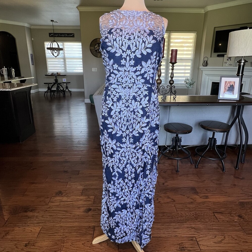 JS Collections Blue Floral Embroidered Mesh Illusion Formal Gown Dress 20W Plus